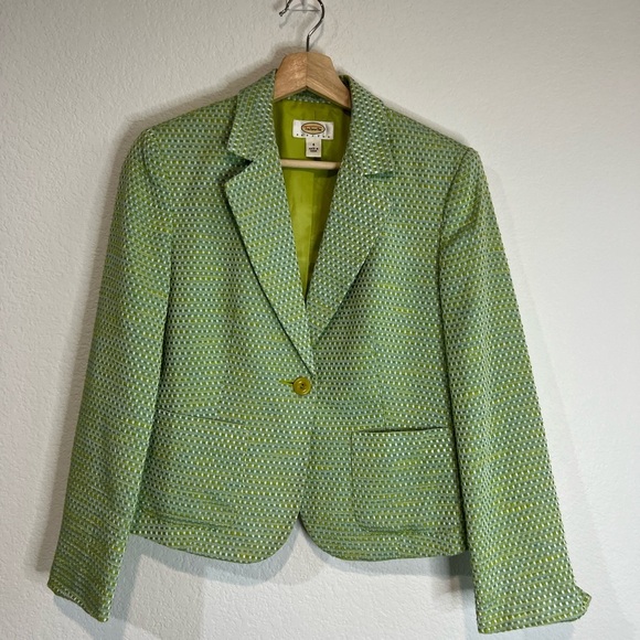 Talbots petites Lime Green Single‎ Button Tweed Blazer Jacket 4 Fully Lined - Picture 1 of 5